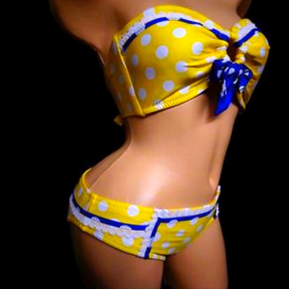 Betsey Johnson Yellow & Blue Polka Dot Bikini Halter or Bandeau - US Small